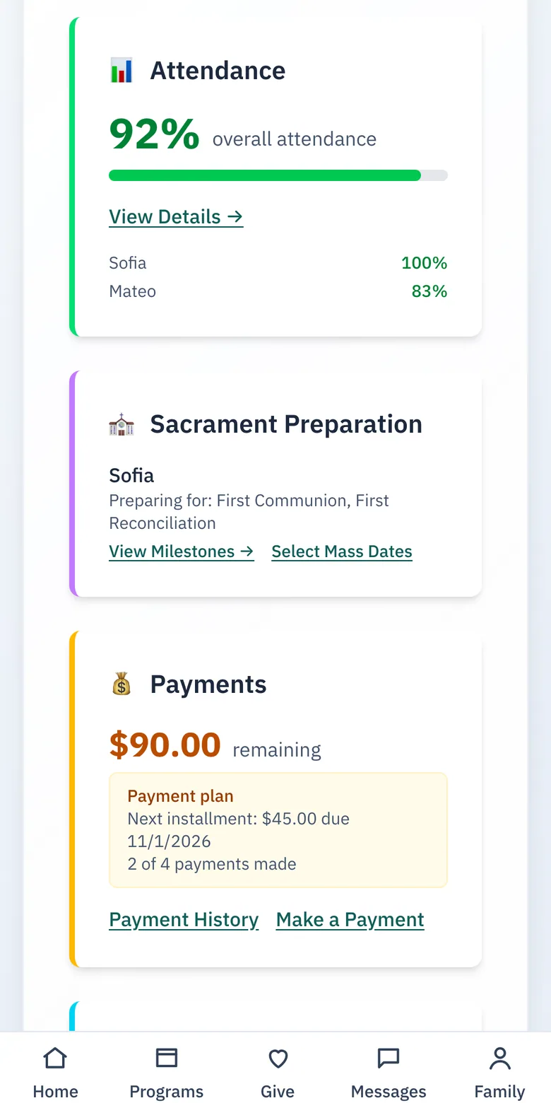 Faith Formation dashboard on a phone, showing attendance, sacrament preparation and the payment plan.