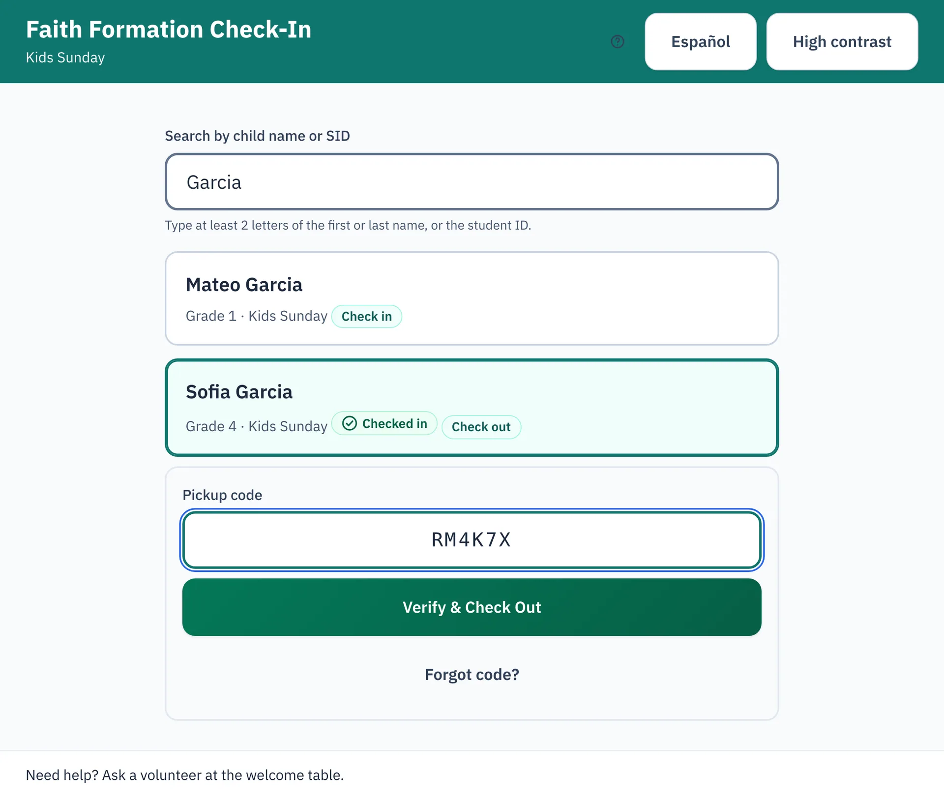 Check-in kiosk on a tablet with a search box, two children named Garcia and a pickup code field for check-out.