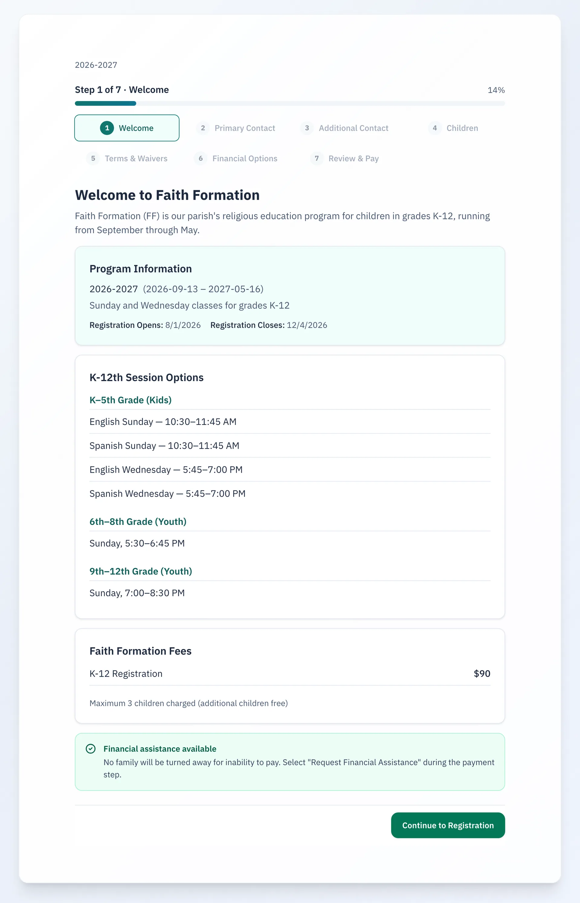 First step of the Faith Formation registration wizard, with the class schedule, the fees and a note about financial assistance.