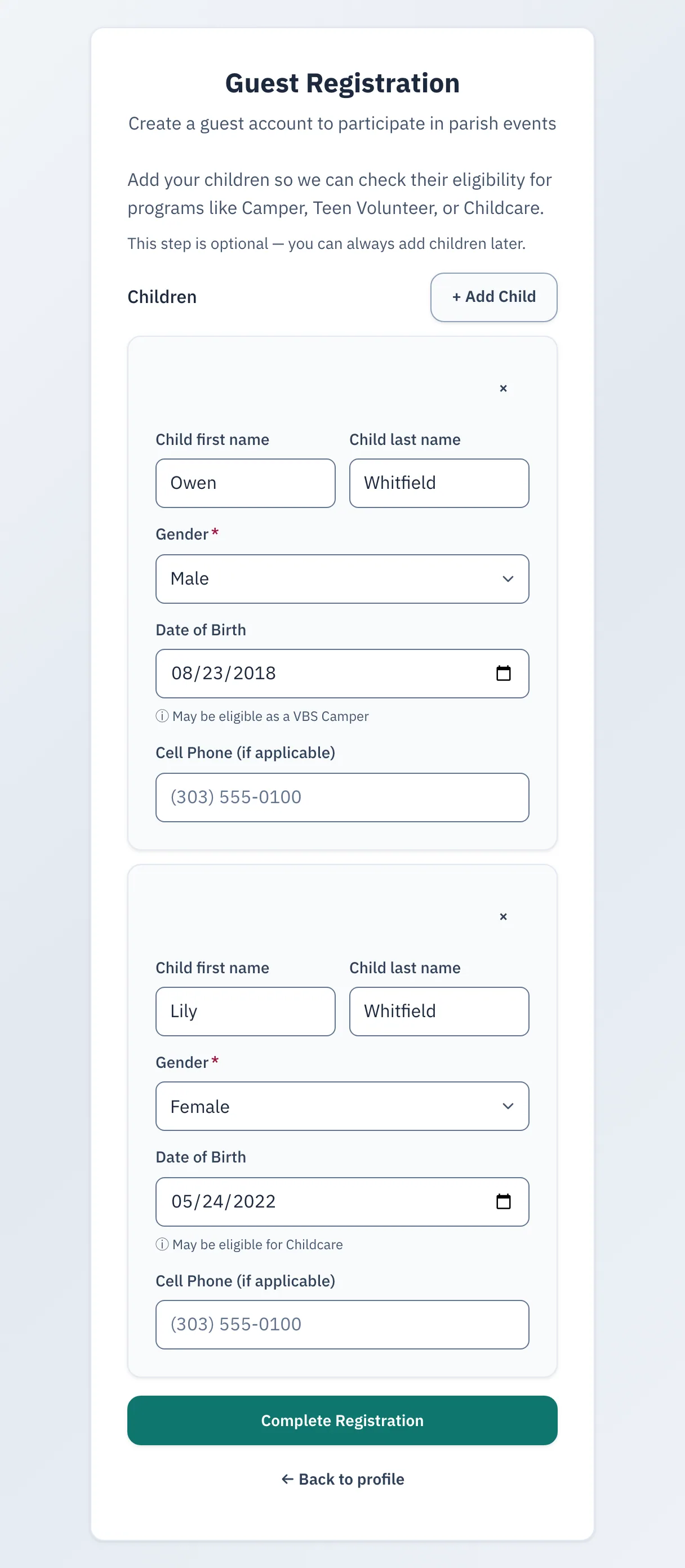 Guest registration step where a parent adds two children and sees which program each one may join.